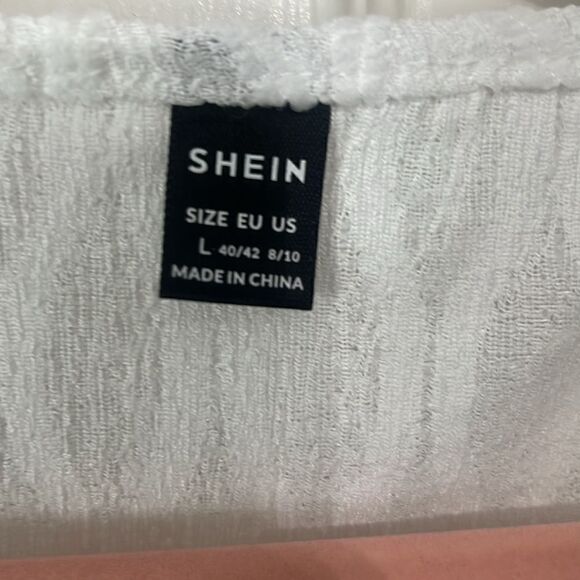 SHEIN white v neck slightly sheer top w banded hemline and cap sleeves size Lg - Picture 7 of 7